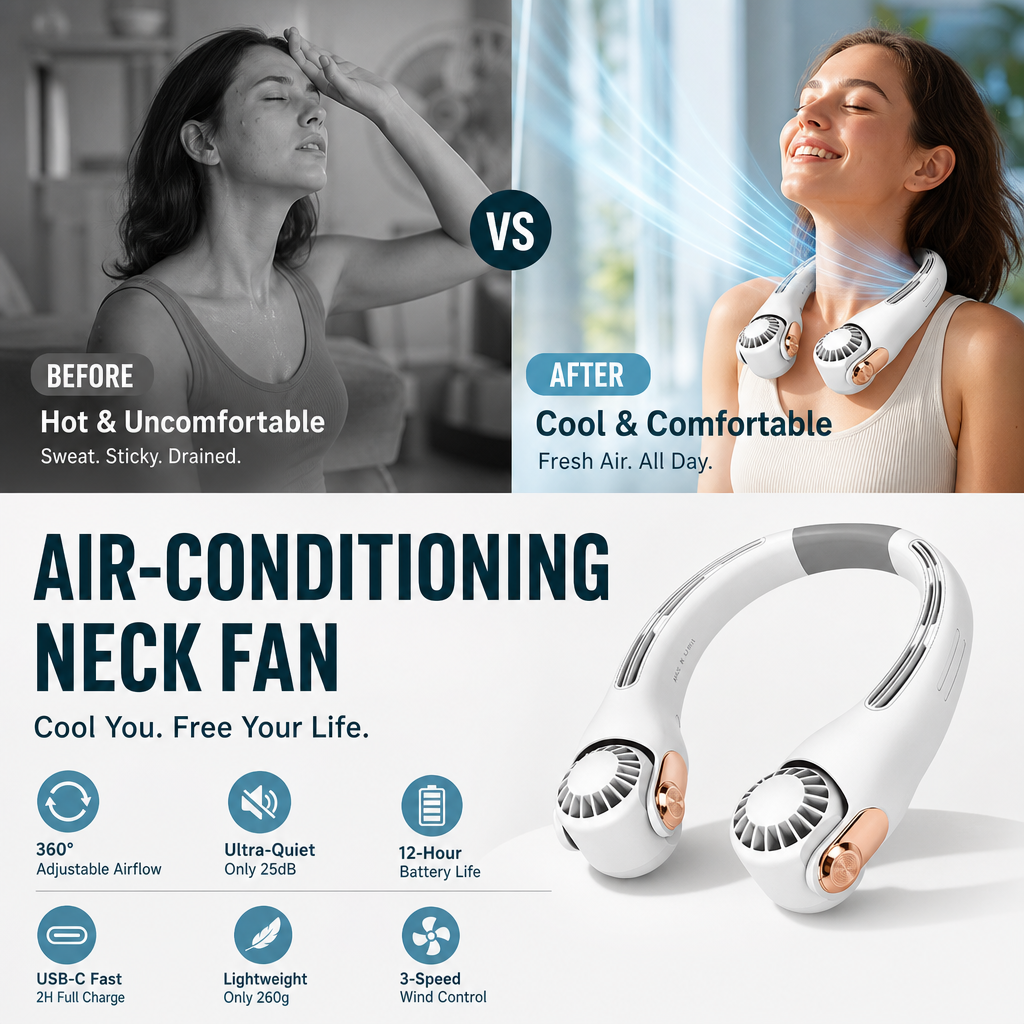 2026 HOT SALE50K+ SOLD! Neck Air Conditioner Fan – Ultra‑quiet, 360° rotating, 3 speeds. Hands‑free cooling, long battery. Summer essential!