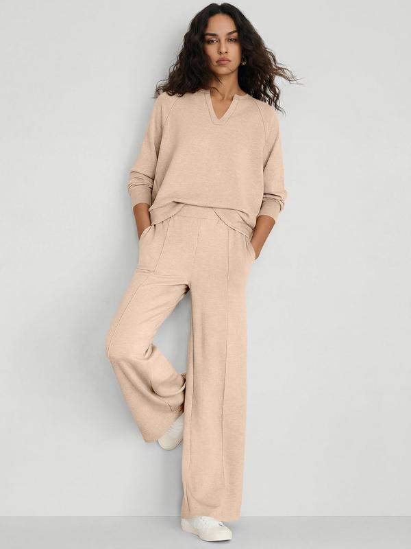 🍂⏳LIMITED-TIME 70% OFF! ✨Women's 2 Piece Outfits V Neck Lounge Set | Raglan Long Sleeve Top & Wide Leg Pants