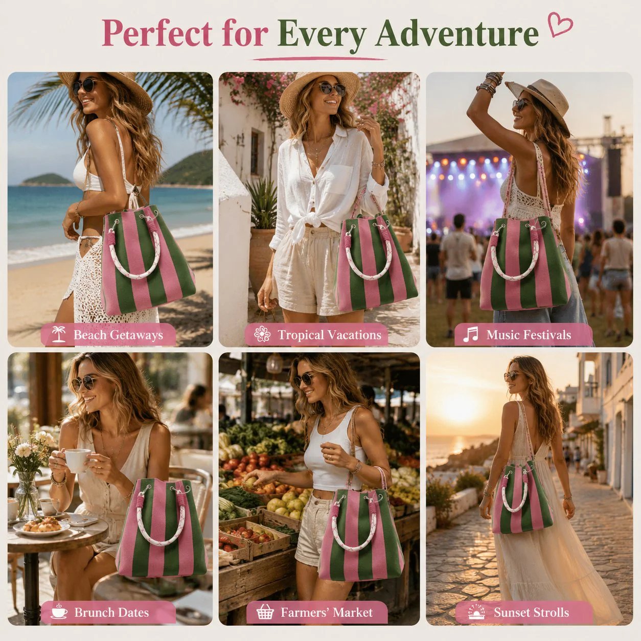 🌴 Boho Striped Knit Bucket Handbag for Women – Handmade Summer Beach Shoulder Bag