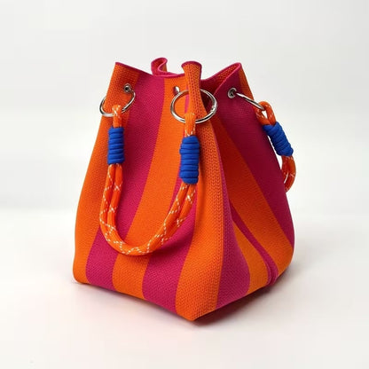 🌴 Boho Striped Knit Bucket Handbag for Women – Handmade Summer Beach Shoulder Bag