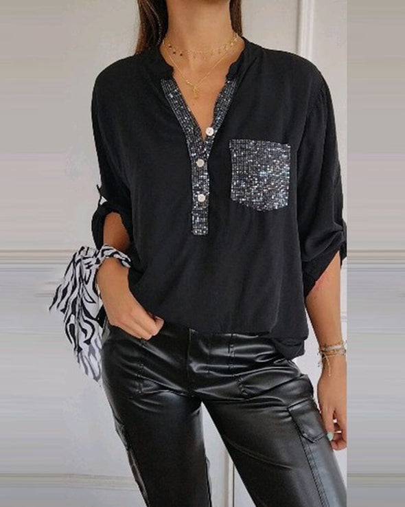 ⏳Limited Sale 51% OFF🌸Women's Sequin Patchwork V-neck Shirt