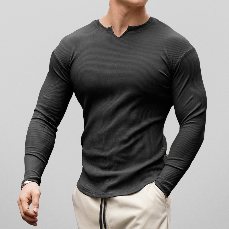 V-Neck Longline Ribbed Tees Shirts Long Sleeve Gym Workout Athletic Menswear Tops