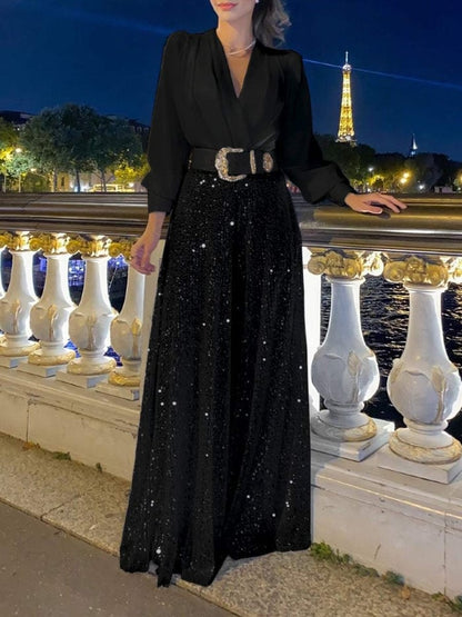 🔥HOT SALE-69% OFF💝Elegant long-sleeved blouse with V-neckline and wide sequinned jumpsuit trousers
