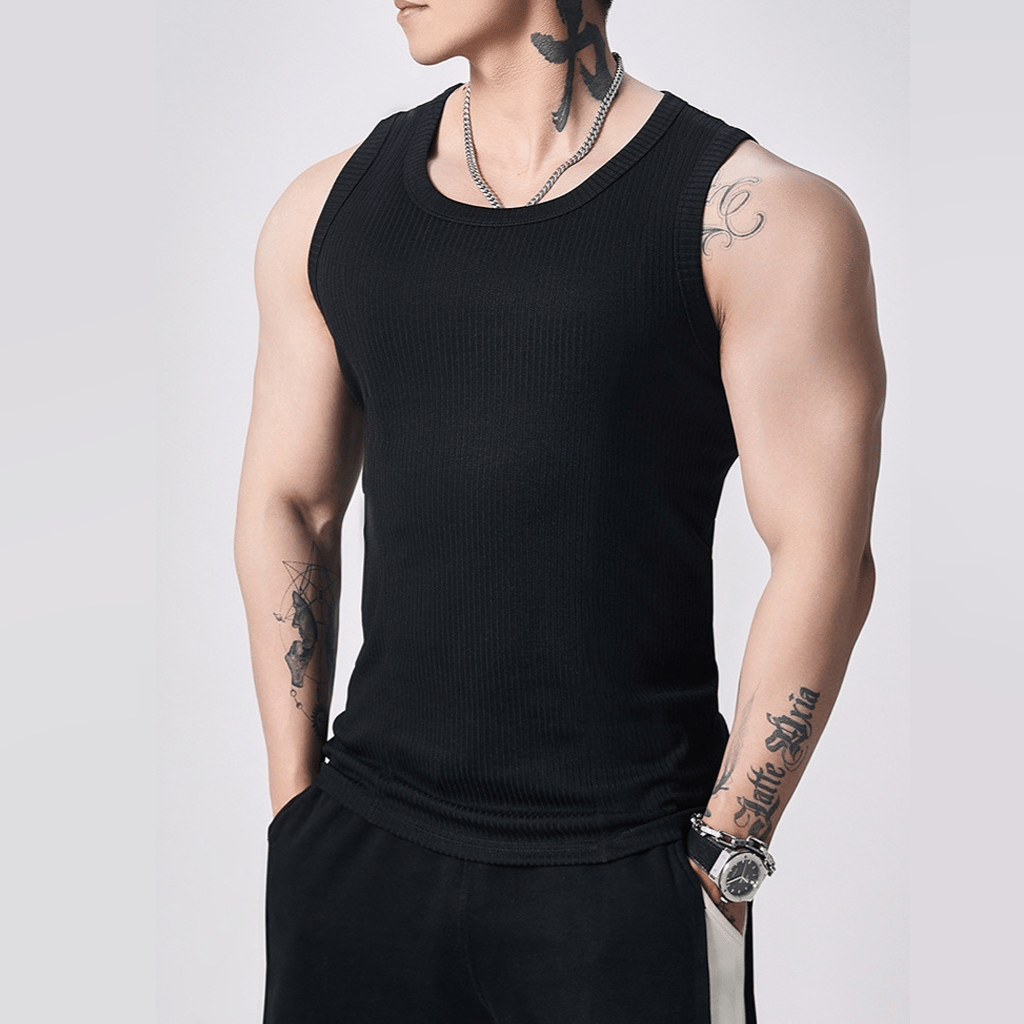 💪👕Men's  Wide Strap Ribbed Tank Top