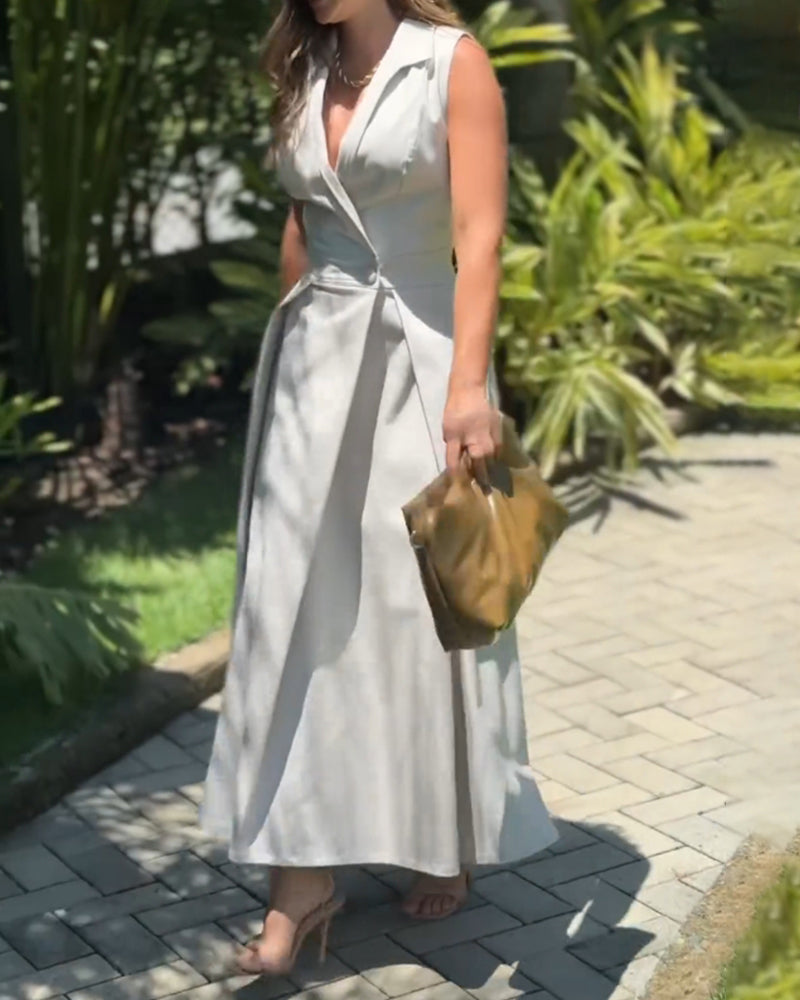 🔥Hot Sale 33% off💃Sleeveless Solid Color Lapel Midi Dresses✈️Buy 2 free shipping