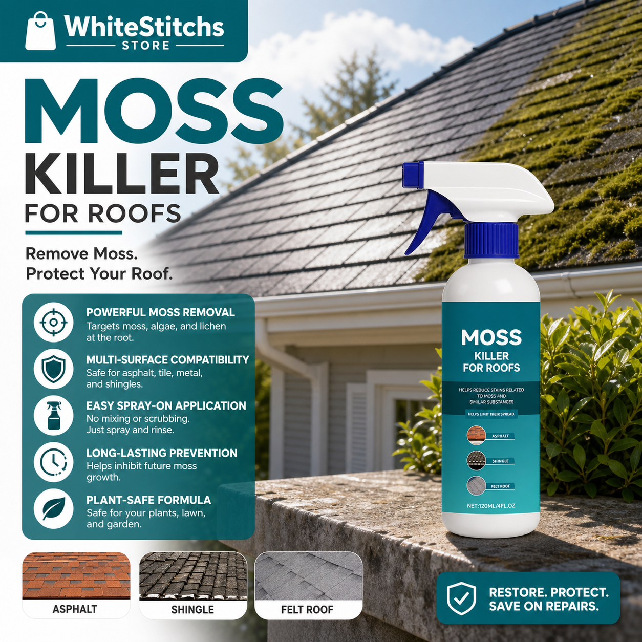 📢📢50% OFF !! ⏰Multi-Surface Roof Moss & Algae Cleaner Spray