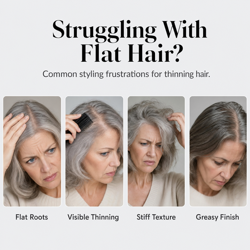 Product creative showing flat roots, visible thinning, stiff texture and greasy finish
