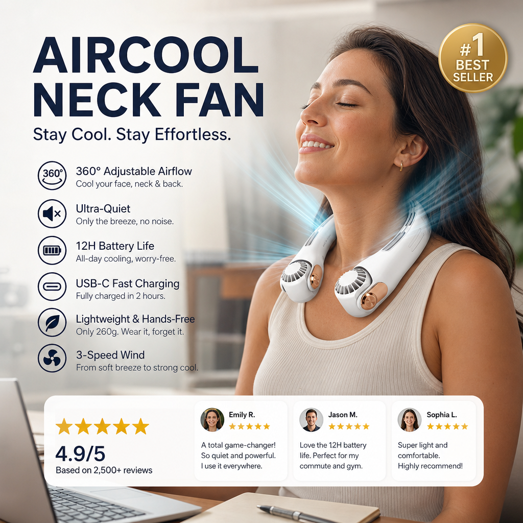 2026 HOT SALE50K+ SOLD! Neck Air Conditioner Fan – Ultra‑quiet, 360° rotating, 3 speeds. Hands‑free cooling, long battery. Summer essential!