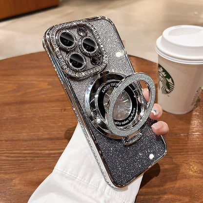 ✨Magnetische iPhone-hoes met glinsterende strasssteentjes en onzichtbare standaard