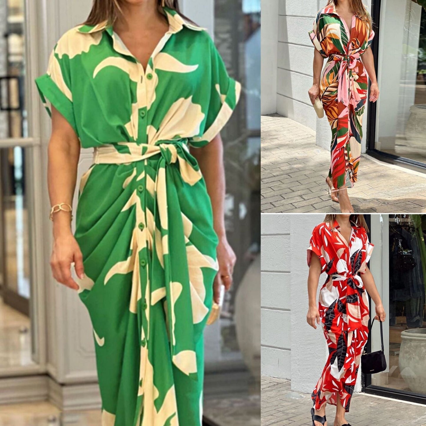 🔥SUMMER SALE 50% OFF💃Casual Lapel Neck Waist Print Shirt Dress