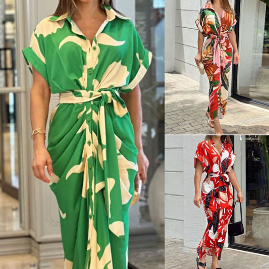 🔥SUMMER SALE 50% OFF💃Casual Lapel Neck Waist Print Shirt Dress