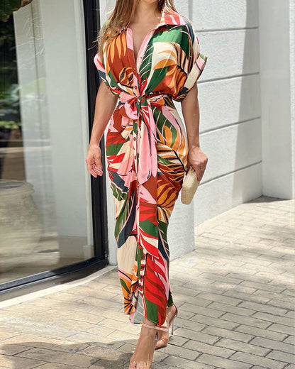 🔥SUMMER SALE 50% OFF💃Casual Lapel Neck Waist Print Shirt Dress