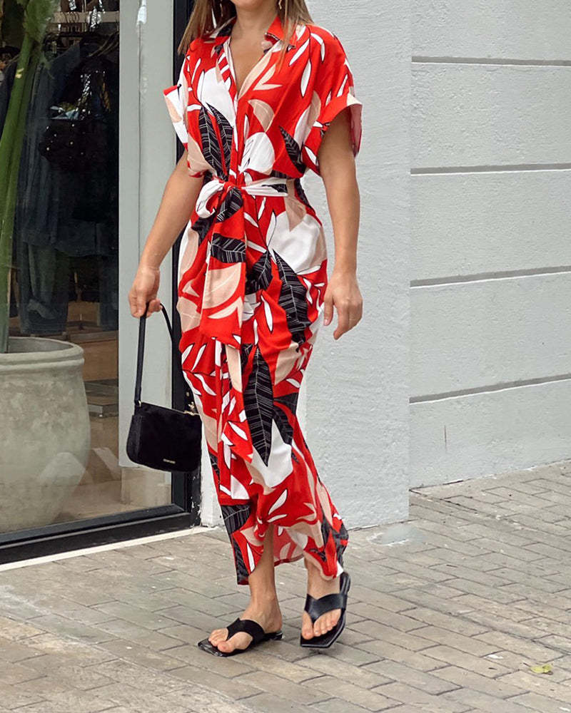 🔥SUMMER SALE 50% OFF💃Casual Lapel Neck Waist Print Shirt Dress
