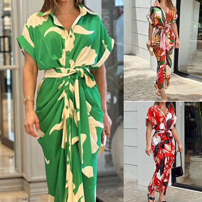 🔥SUMMER SALE 50% OFF💃Casual Lapel Neck Waist Print Shirt Dress