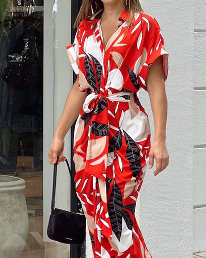 🔥SUMMER SALE 50% OFF💃Casual Lapel Neck Waist Print Shirt Dress