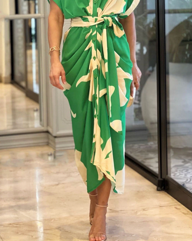 🔥SUMMER SALE 50% OFF💃Casual Lapel Neck Waist Print Shirt Dress