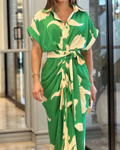 🔥SUMMER SALE 50% OFF💃Casual Lapel Neck Waist Print Shirt Dress