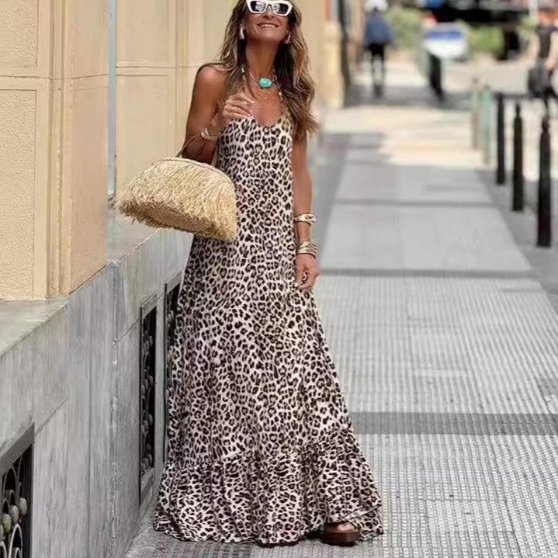 🔥2024 HOT SALE🔥Women’s Sexy Leopard Print Backless Halter Long Dress