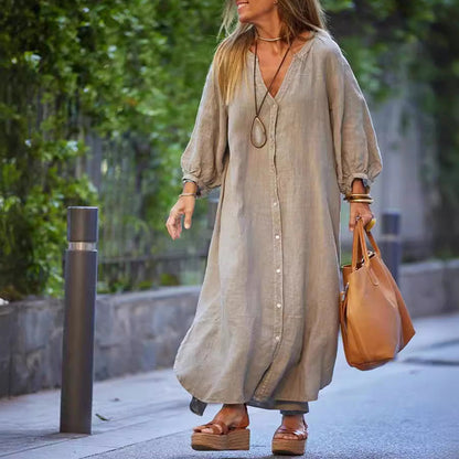 🔥2024 HOT SALE🔥🌸Women’s Minimalist Cotton Linen V-neck Long Dress