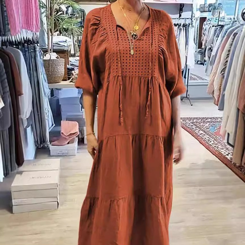 🌷Limited Time 58% OFF💞Women’s Tiered V-Neck Solid Half-Sleeve Long Dress
