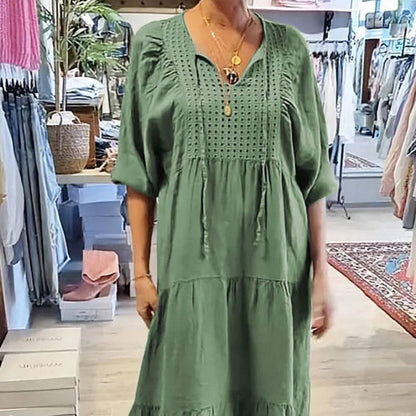 🌷Limited Time 58% OFF💞Women’s Tiered V-Neck Solid Half-Sleeve Long Dress