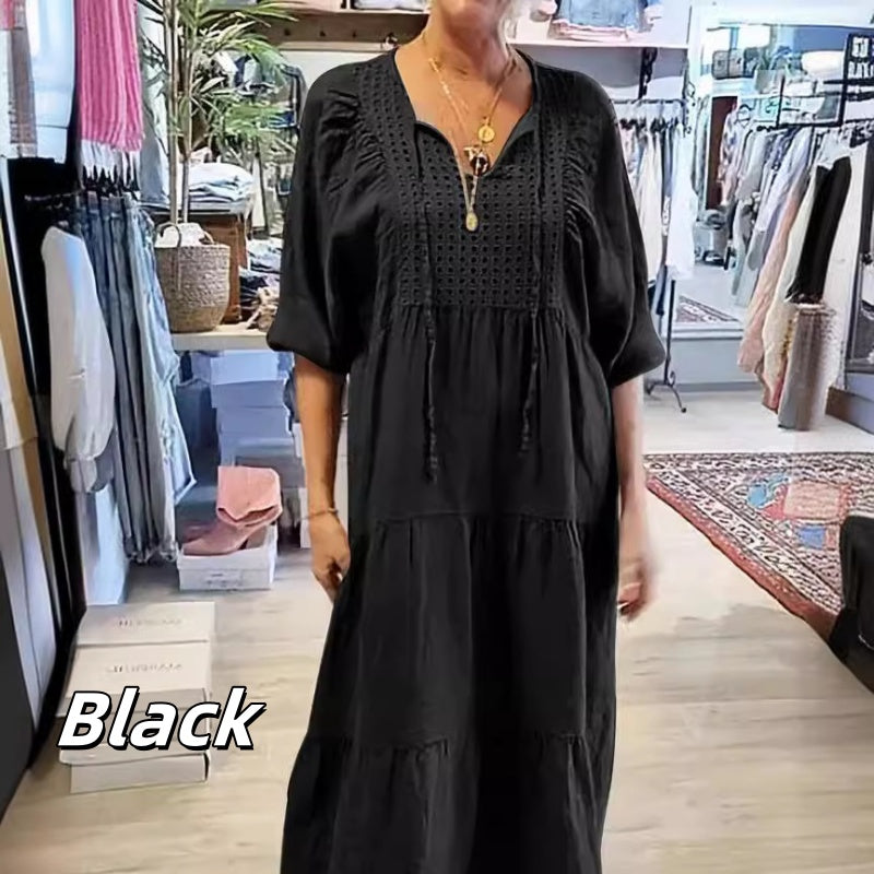 🌷Limited Time 58% OFF💞Women’s Tiered V-Neck Solid Half-Sleeve Long Dress
