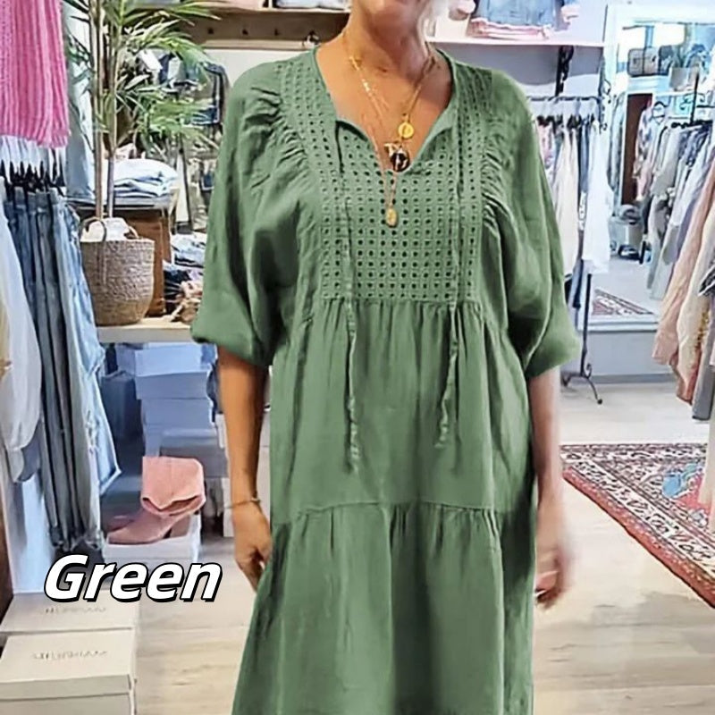 🌷Limited Time 58% OFF💞Women’s Tiered V-Neck Solid Half-Sleeve Long Dress
