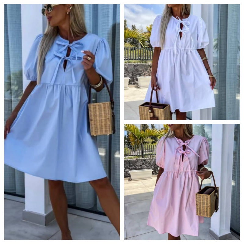 🌷Beperkte tijd 57% KORTING💞💕 Stijlvol en comfortabel: trendy effen damesjurk met strik aan de voorkant en pofmouwen