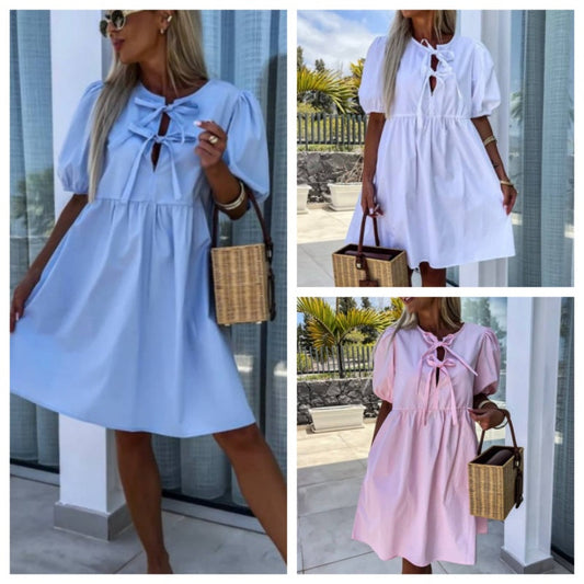 🌷Limited Time 57% OFF💞💕 Classy & Comfortable: Women’s Trendy Solid Color Bow Tie Front Puff Sleeve Dress