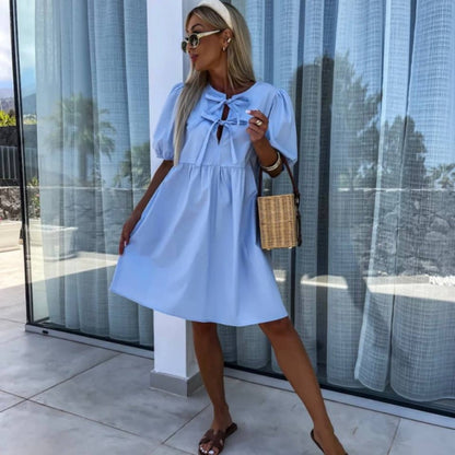 🌷Limited Time 57% OFF💞💕 Classy & Comfortable: Women’s Trendy Solid Color Bow Tie Front Puff Sleeve Dress