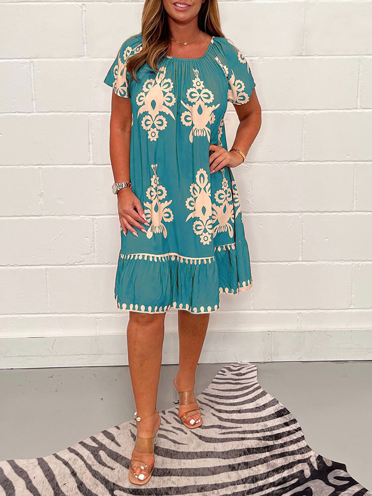 🌷Limited Time 43% OFF💞Geometric Pattern Multi Print Square Neck Dress🌸