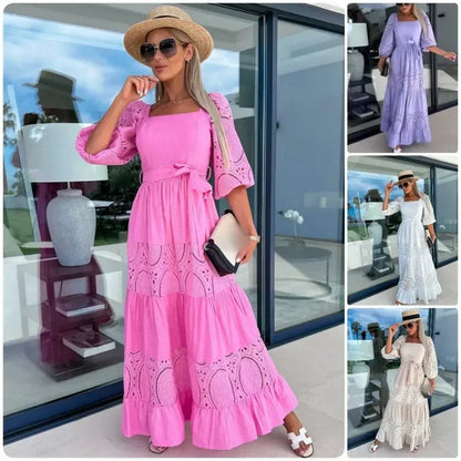 🔥2024 HOT SALE🔥💕Women’s Trendy Patchwork Tie Waist Square Neck Long Dress