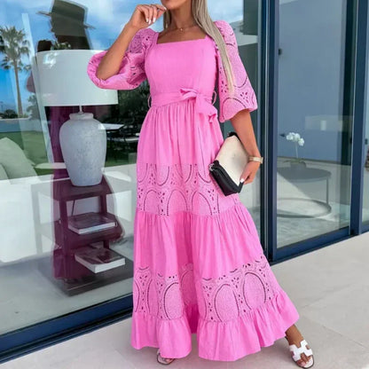 🔥2024 HOT SALE🔥💕Women’s Trendy Patchwork Tie Waist Square Neck Long Dress