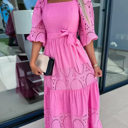 🔥2024 HOT SALE🔥💕Women’s Trendy Patchwork Tie Waist Square Neck Long Dress