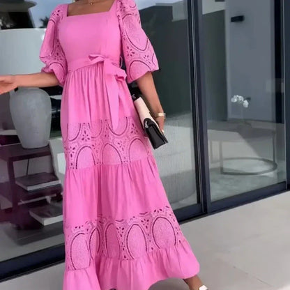 🔥2024 HOT SALE🔥💕Women’s Trendy Patchwork Tie Waist Square Neck Long Dress
