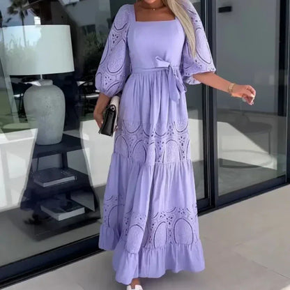 🔥2024 HOT SALE🔥💕Women’s Trendy Patchwork Tie Waist Square Neck Long Dress