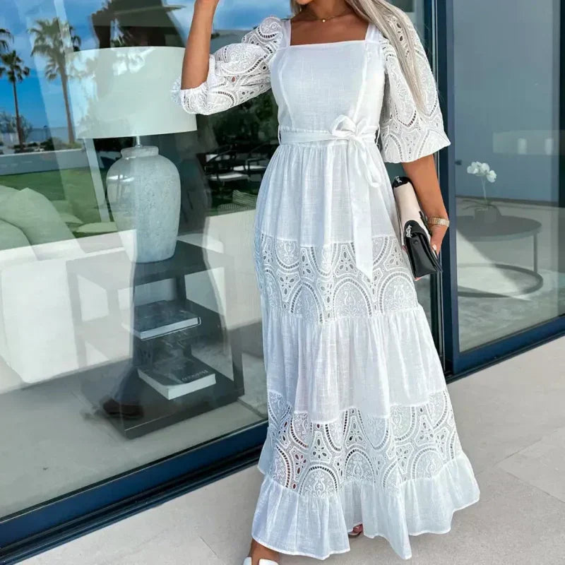 🔥2024 HOT SALE🔥💕Women’s Trendy Patchwork Tie Waist Square Neck Long Dress
