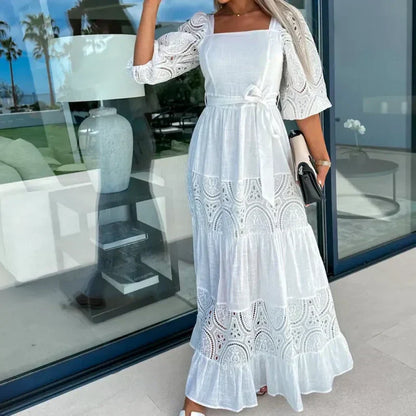 🔥2024 HOT SALE🔥💕Women’s Trendy Patchwork Tie Waist Square Neck Long Dress
