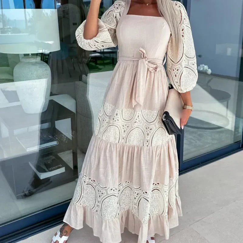 🔥2024 HOT SALE🔥💕Women’s Trendy Patchwork Tie Waist Square Neck Long Dress