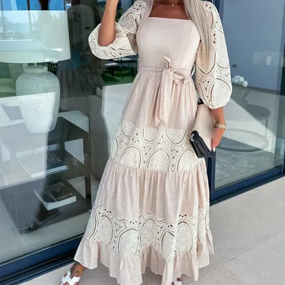 🔥2024 HOT SALE🔥💕Women’s Trendy Patchwork Tie Waist Square Neck Long Dress