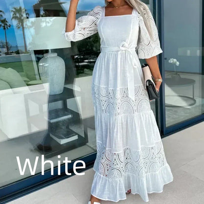 🔥2024 HOT SALE🔥💕Women’s Trendy Patchwork Tie Waist Square Neck Long Dress