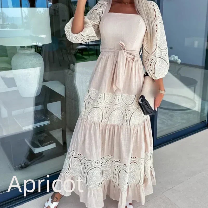 🔥2024 HOT SALE🔥💕Women’s Trendy Patchwork Tie Waist Square Neck Long Dress