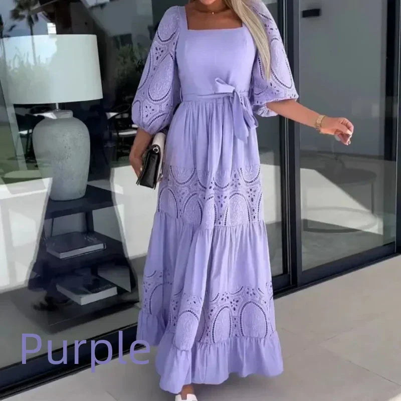 🔥2024 HOT SALE🔥💕Women’s Trendy Patchwork Tie Waist Square Neck Long Dress