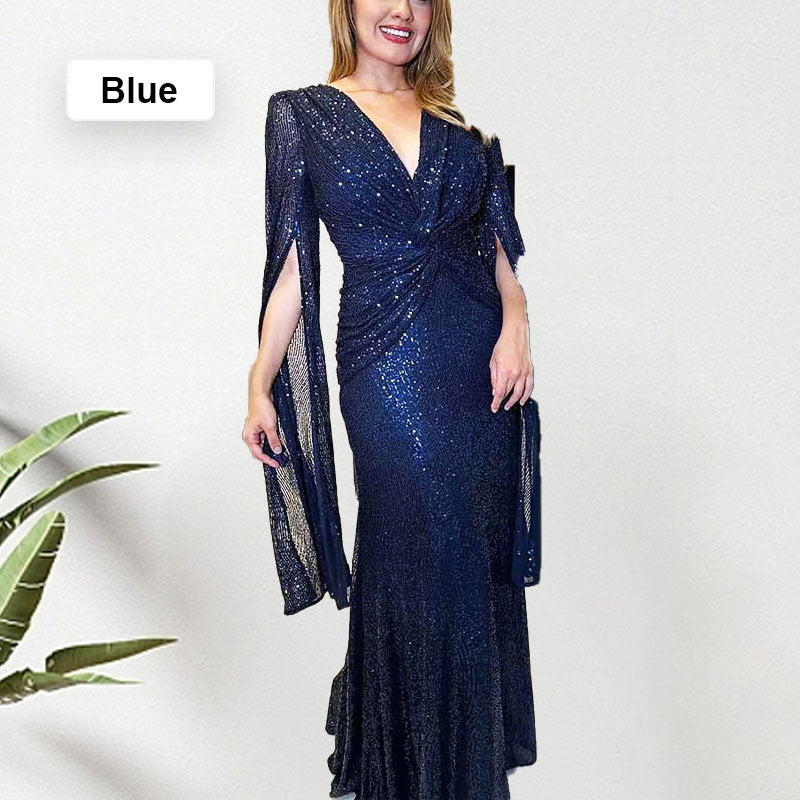 ✨New Arrival✨Sequined V-Neck Evening Dress with Pleated Hem
