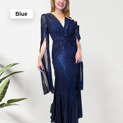 ✨New Arrival✨Sequined V-Neck Evening Dress with Pleated Hem