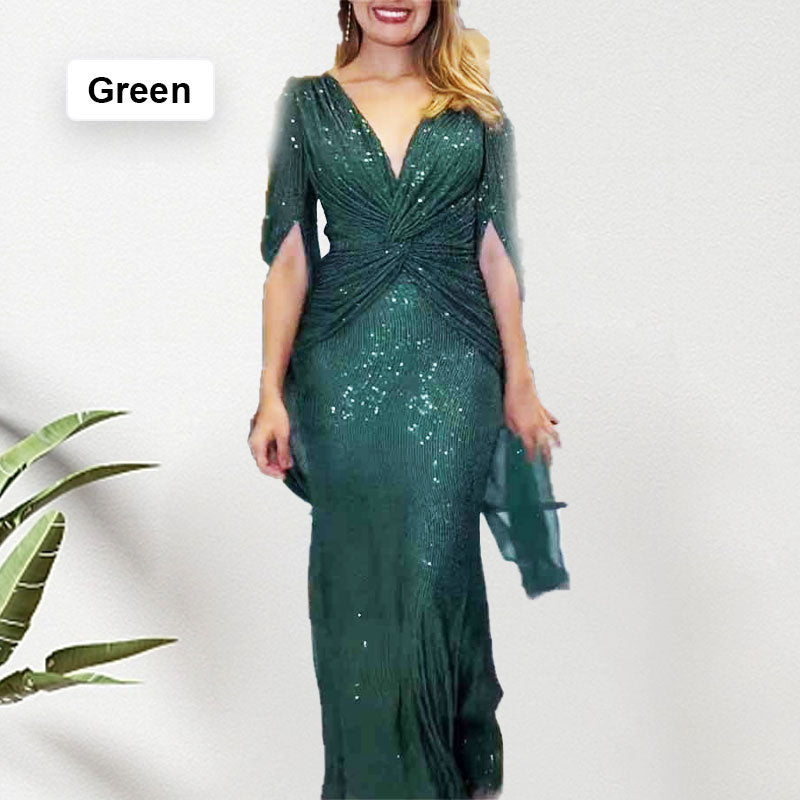 ✨New Arrival✨Sequined V-Neck Evening Dress with Pleated Hem