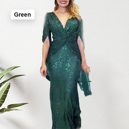 ✨New Arrival✨Sequined V-Neck Evening Dress with Pleated Hem