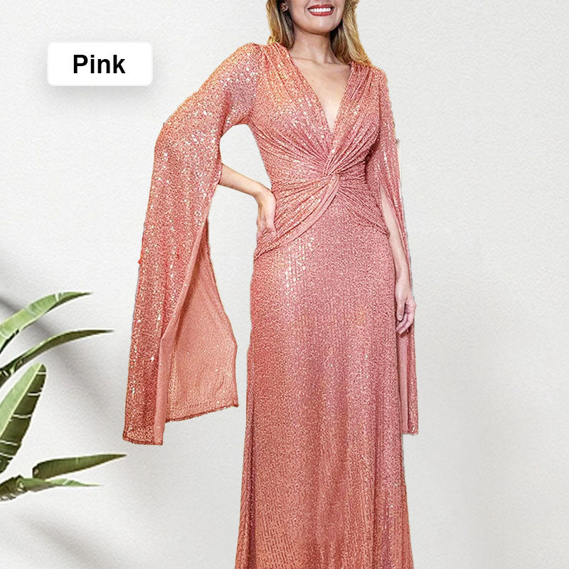 ✨New Arrival✨Sequined V-Neck Evening Dress with Pleated Hem