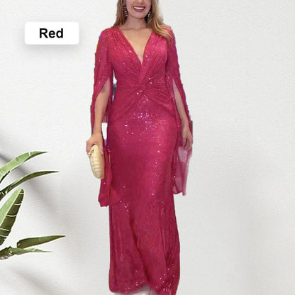 ✨New Arrival✨Sequined V-Neck Evening Dress with Pleated Hem