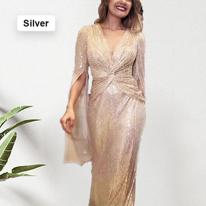 ✨New Arrival✨Sequined V-Neck Evening Dress with Pleated Hem
